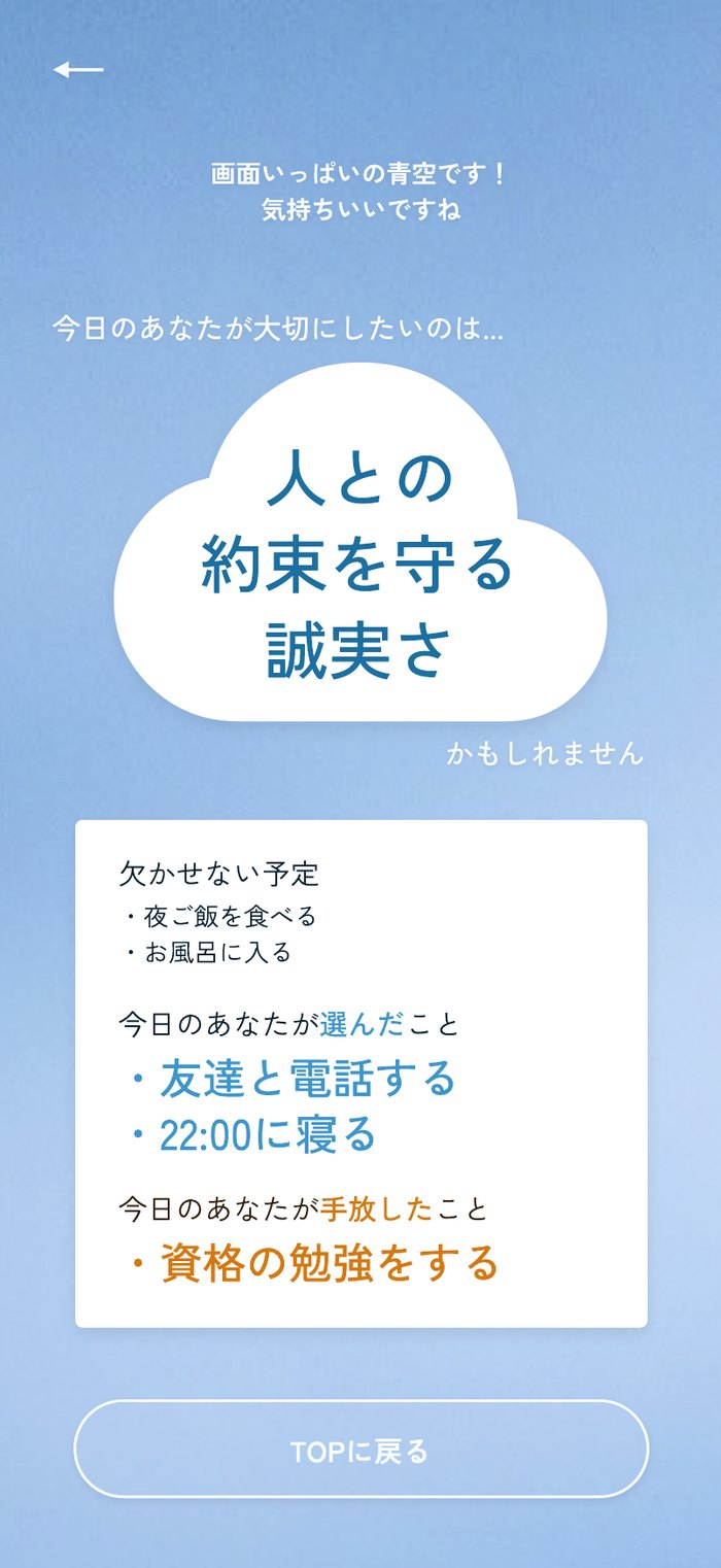 青空が画面いっぱいに広がった結果画面。「今日のあなたが大切にしたいのは…人との約束を守る誠実さ」と表示され、その下に選んだことと手放したことが並んでいる